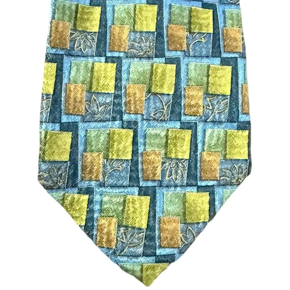 Vintage 90s Ermenegildo Zegna Blue Green Tan Squares 100% Silk Necktie Tie